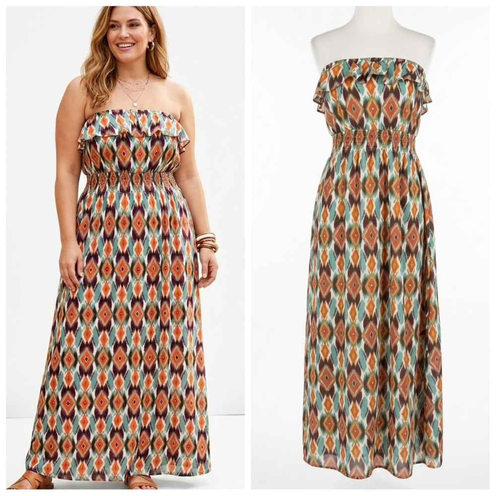 Maxi Dress Ikat Strapless Geometric Print Women's Plus Size 1X Caren Sport